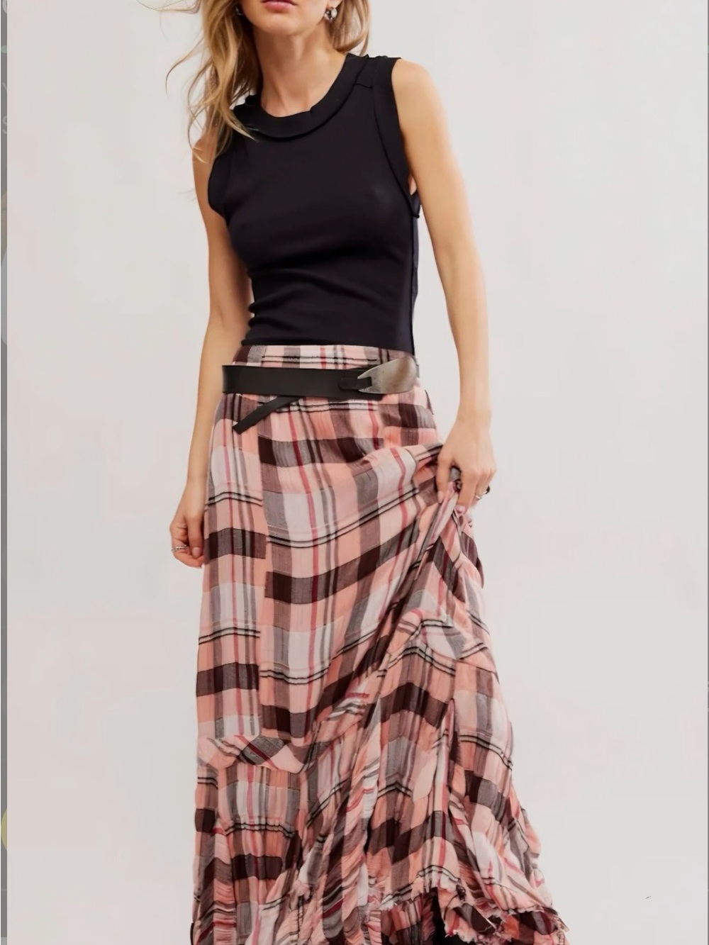 NWT Free People Pink Plaid Maxi Skirt